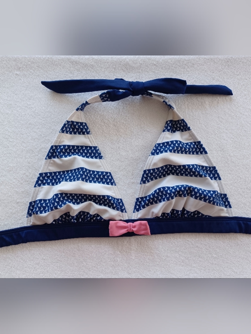 Venus Sailor Blue Striped Triangle Bikini Top with Pink Bow, Size S
